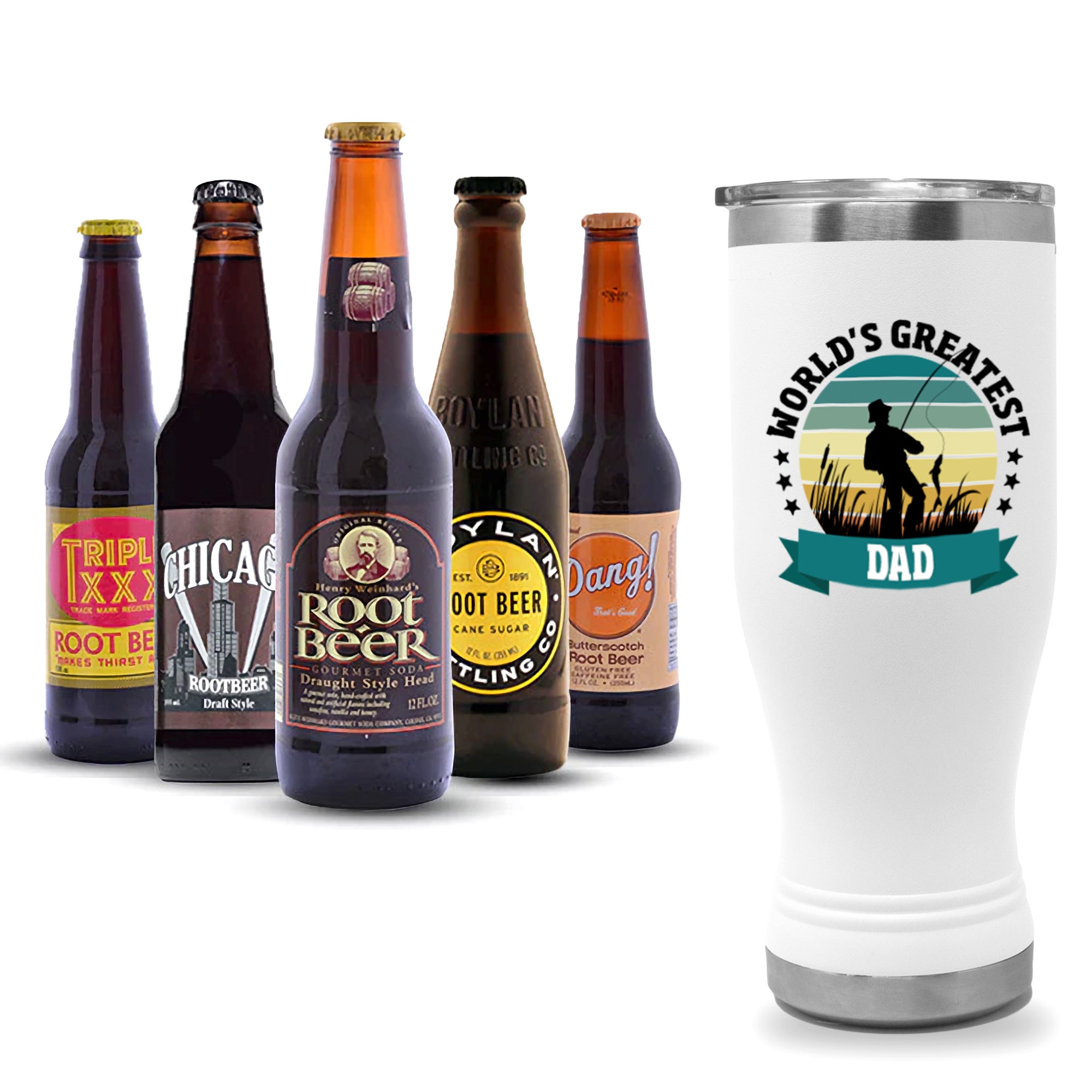 World's Greatest Dad Tumbler & Gourmet 12-Pack Root Beer Sampler Bundle